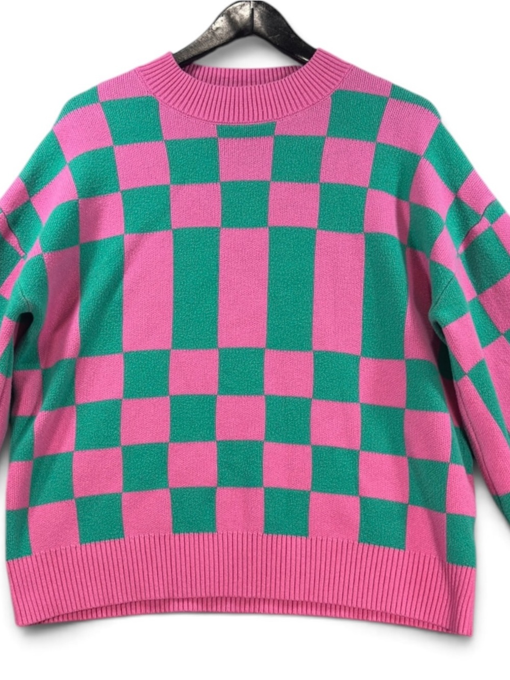 Women's Checkerboard Crewneck Sweater in Pink & Green